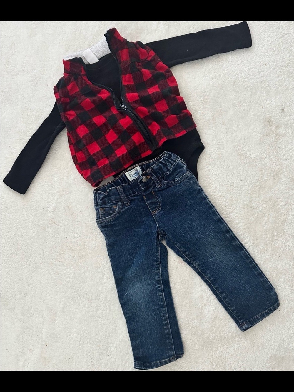 Carter's Red Buffalo Plaid Vest with Dark Blue Denim Jeans